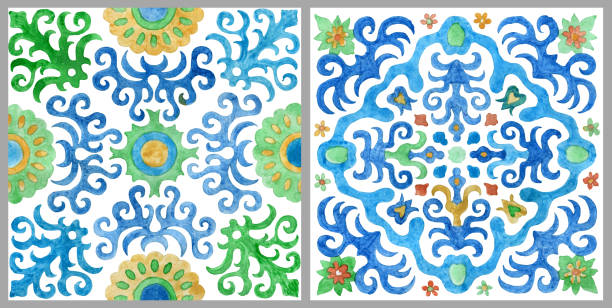 stockillustraties, clipart, cartoons en iconen met twee aquarel geschilderde mozaïektegels met handgetrokken geometrische en bloemige ornamenten in sicilia mediterrane majolica ceramische het schilderen stijl. behangdecor, batik, tapijtprint - sicilië