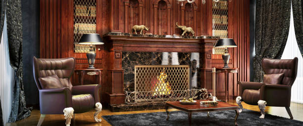 intérieur luxueux de salle de cheminée - fauteuil baroque photos et images de collection