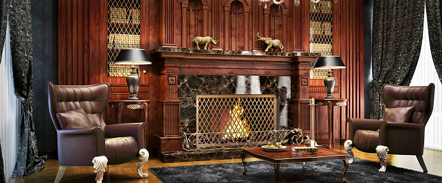Luxury interior fireplace area in an expensive mansion