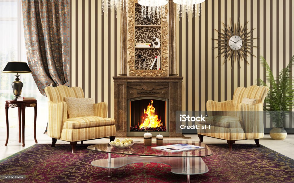 Living room in classic style with fireplace Large living room in classic style with fireplace and armchairs Rug Stock Photo