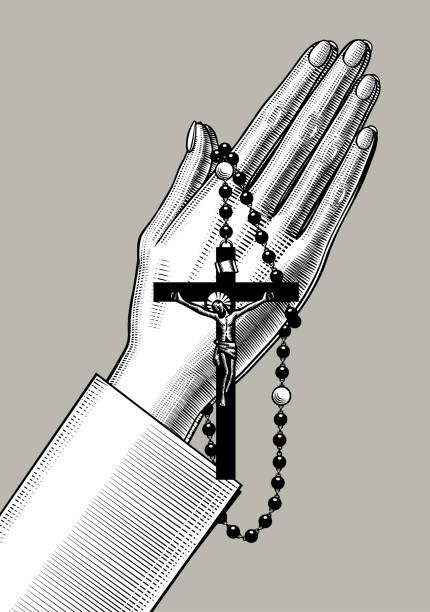 illustrazioni stock, clip art, cartoni animati e icone di tendenza di mani femminili con perline di preghiera - god crucifix cross human hand