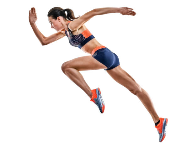giovane donna runner corsa jogging atletica sfondo bianco isolato - atleta di atletica leggera foto e immagini stock