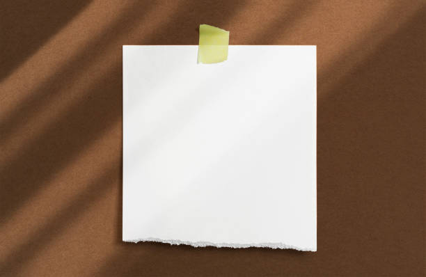 Blank torn paper frame glued with adhesive tape to brown textured wall with soft window shadows adobe as template for graphic designers presentations, portfolios etc.