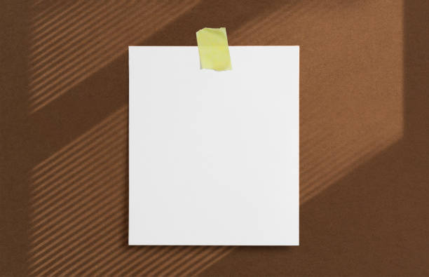 istock Blank polaroid size frame glued with adhesive tape to brown textured wall with soft window shadows adobe as template for graphic designers presentations, portfolios etc. 1203208314