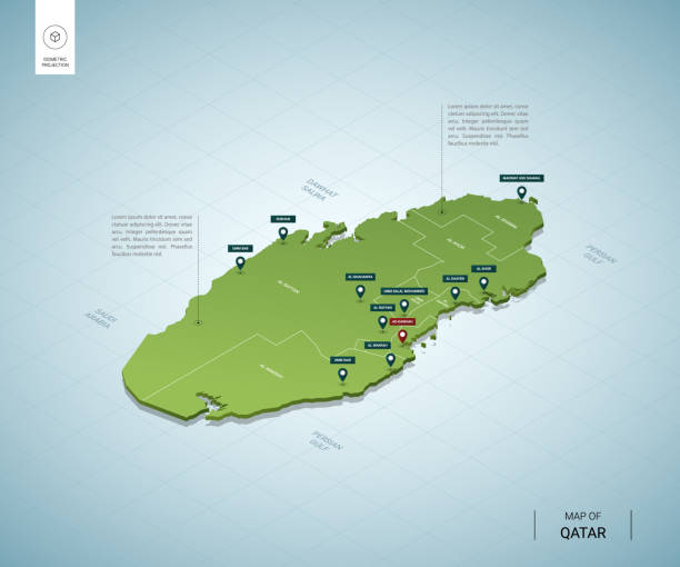 卡塔爾風格化地圖。軸測 3d 綠色地圖，包括城市、邊界、首都杜哈、區域。向量插圖。可編輯的圖層清楚地標記。英語。 - qatar 幅插畫檔、美工圖案、卡通及圖標
