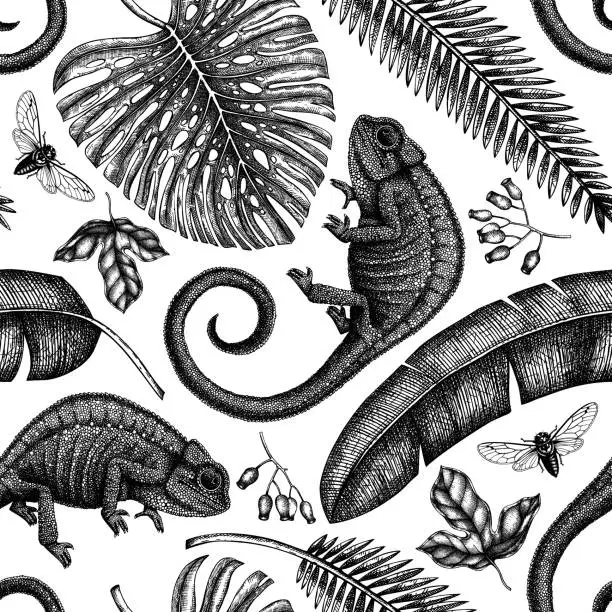 Vector illustration of Tropical plants and animals seamless pattern.