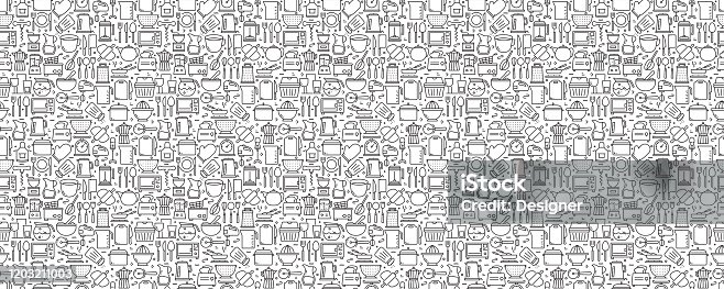 istock Kitchen Utensils Seamless Pattern and Background with Line Icons 1203211003
