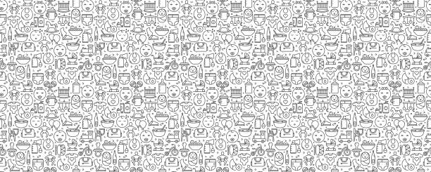 Baby Life and Accessories Seamless Pattern and Background with Line Icons Baby Life and Accessories Seamless Pattern and Background with Line Icons pregnant designs stock illustrations