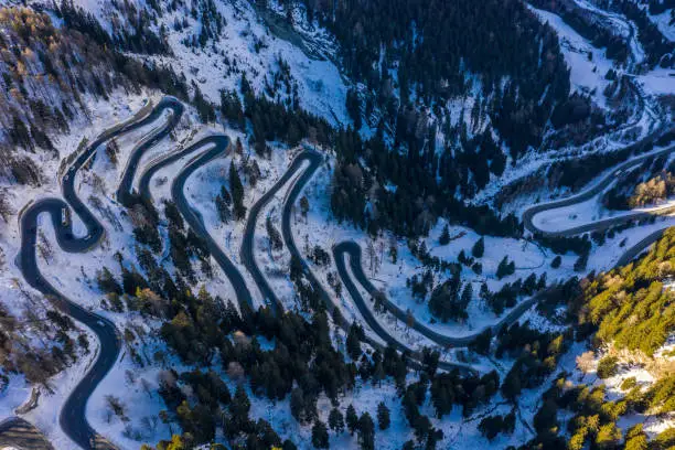 Aerial view of Maloja pass Switzerland in winter, snow in forest, directly above view, winding road, road trip concept.