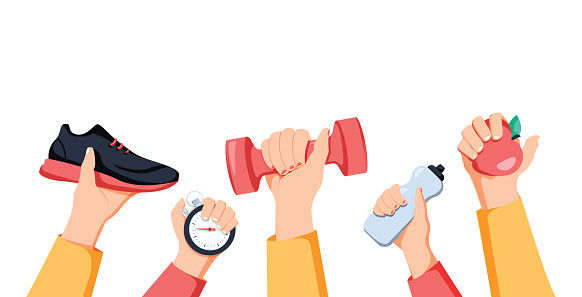 Sport exercise web banner. Time to fitness and workout concept. Idea of active and healthy lifestyle. Hands holding training equipment. Vector illustration in cartoon style. Healthy life, gym gear