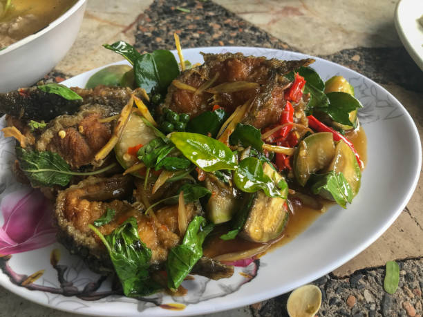 spicy Stir Fried catfish with thai herb, Thai Style food