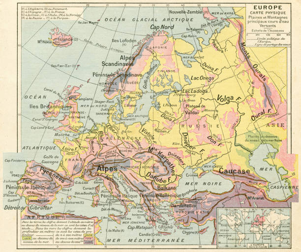 bildbanksillustrationer, clip art samt tecknat material och ikoner med europa fysisk karta 1887 - fjäll sjö sweden