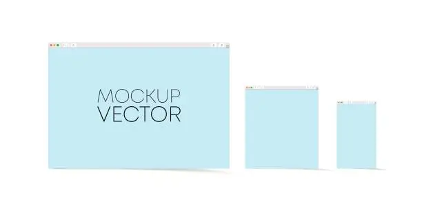 Vector illustration of Set of flat blank browser windows for different devices. Desktop computer, laptop, tablet, phone sizes. Vector illustration