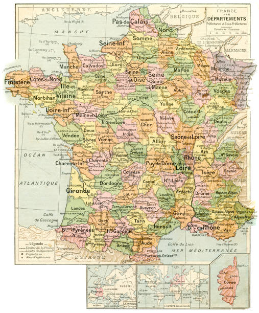 francja prefektury i prefektury mapa 1887 - cher stock illustrations