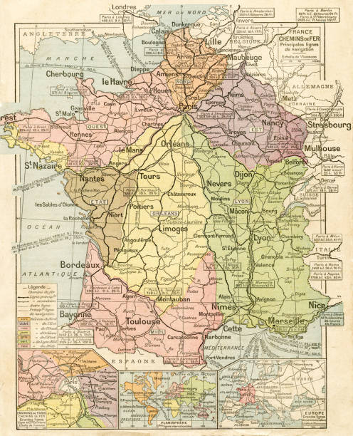 ilustrações, clipart, desenhos animados e ícones de mapa do sistema ferroviário da frança em 1887 - bordeaux france midi pyrenees aquitaine