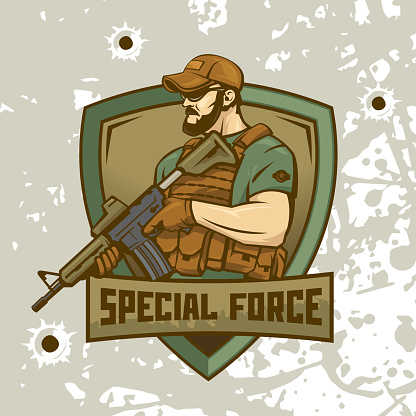 Special Forces soldier holds an assault rifle against the background of the shield. Logo of a military man illustration.