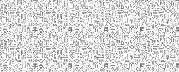 Barbecue and Grill Related Seamless Pattern and Background with Line Icons Barbecue and Grill Related Seamless Pattern and Background with Line Icons camping patterns stock illustrations