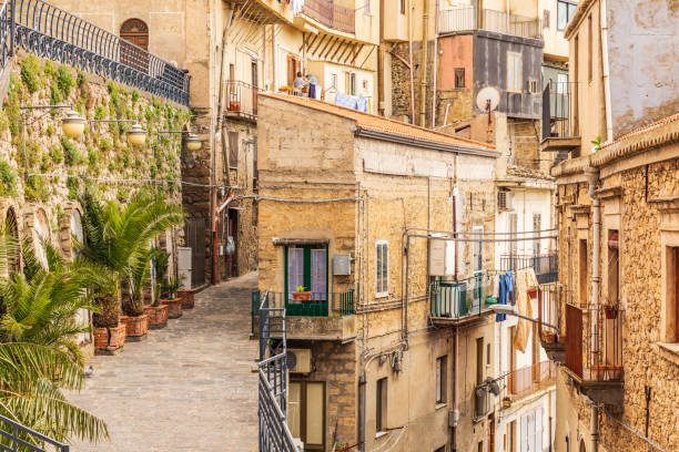 Italy, Sicily, Enna Province, Centuripe.  Rustic buildings in the hill town of Centuripe.