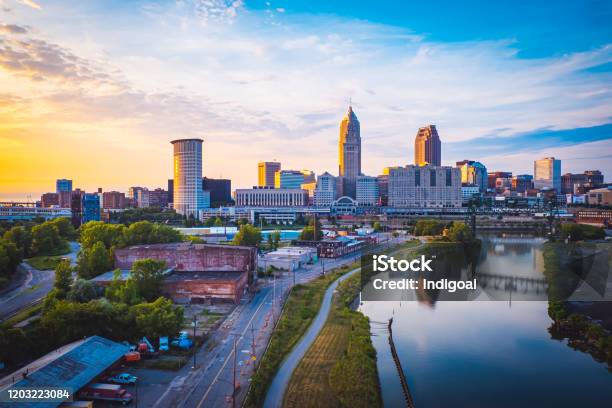 Sunset In Cleveland United States Stock Photo - Download Image Now - Cleveland - Ohio, Urban Skyline, Ohio