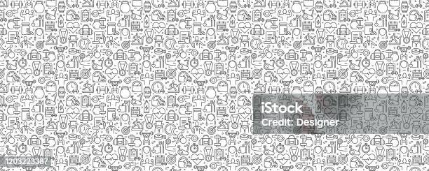 Fitness And Workout Seamless Pattern And Background With Line Icons Stock Illustration - Download Image Now