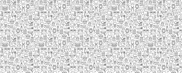 illustrations, cliparts, dessins animés et icônes de dental related seamless pattern and background with line icons - dentist symbol human teeth healthcare and medicine