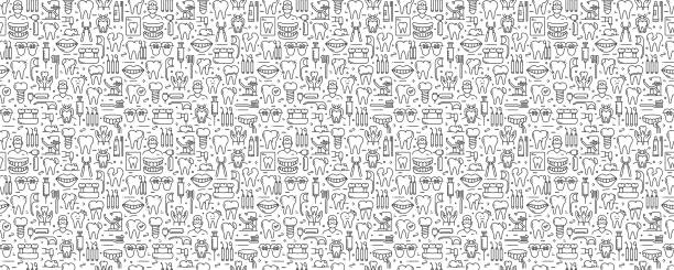 Dental Related Seamless Pattern and Background with Line Icons Dental Related Seamless Pattern and Background with Line Icons dentist backgrounds stock illustrations