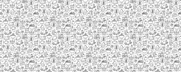 ilustrações de stock, clip art, desenhos animados e ícones de healthy food concept seamless pattern and background with line icons - food