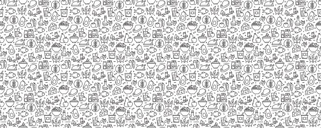 Healthy Food Concept Seamless Pattern and Background with Line Icons