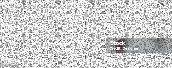istock Healthy Food Concept Seamless Pattern and Background with Line Icons 1203224636