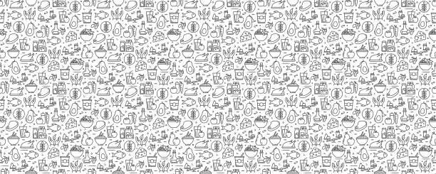 Vector illustration of Healthy Food Concept Seamless Pattern and Background with Line Icons