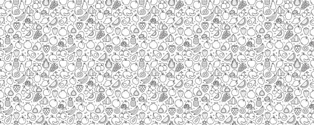 라인 아이콘과 과일 관련 원활한 패턴과 배경 - wallpaper pattern raspberry pattern seamless stock illustrations