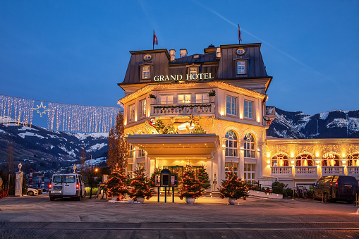 ZELL AM SEE, AUSTRIA - January 15th, 2020: Grand Hotel Zell an See by Zeller lake in Christmas decorations