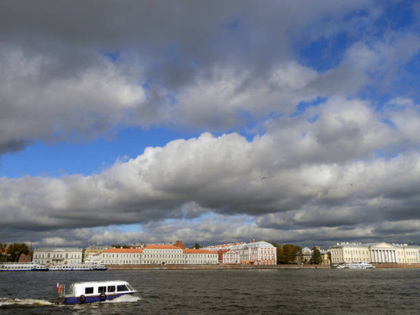 istock Clouds hung over the Neva River. Low sky. The weather is going bad. 1203227611