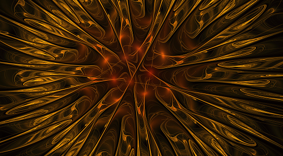 Abstract flower background Illustration. Orange Fantastic pattern texture. Digital fractal art. Smooth gold Fiery blossom.