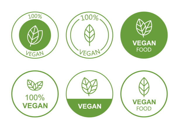 흰색 배경에 플랫 비건 아이콘을 설정합니다. 바이오, 생태학, 유기농 로고 및 배지, 라벨, 태그. 벡터 일러스트 디자인 - vegan food 이미지 stock illustrations
