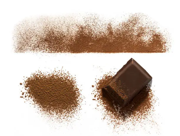 Chocolate and Cocoa powder line and heap and chocolate piece isolated on white background