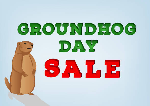 istock Groundhog day sale inscription on blue background. Cartoon character with shadow. Vector design template 1203230612