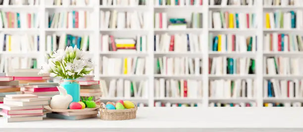 Decorated Easter eggs on Bookshelf in the library with colorful books, Holidays in Bookstore concept 3d render 3d illustration