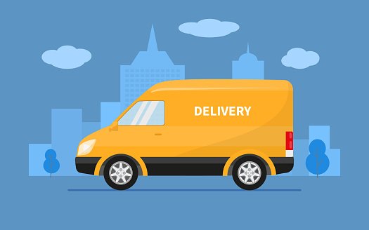 Delivery truck van rides on the background of the city. Vector illustration of yellow fast delivery truck, goods shipping transport. Concept service fast post car, mail minivan.