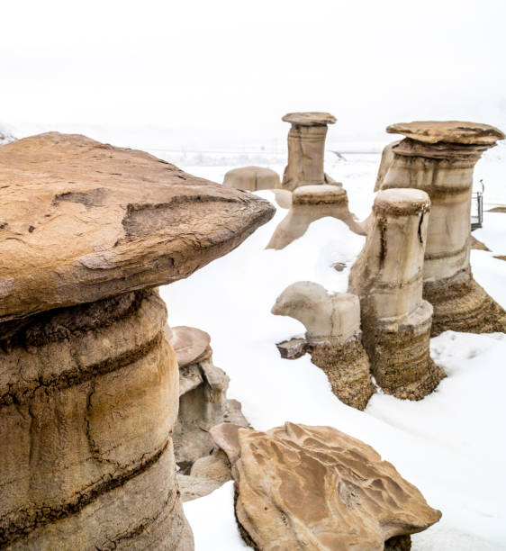 późny podmuch śniegu próbuje ukryć hoodoos w badlands. drumheller alberta, kanada. - steeple outdoors vertical alberta zdjęcia i obrazy z banku zdjęć