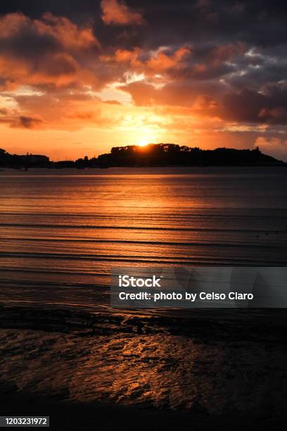 Beautiful Sunset On The Beach Stock Photo - Download Image Now - Backgrounds, Bayona - Vigo, Beach