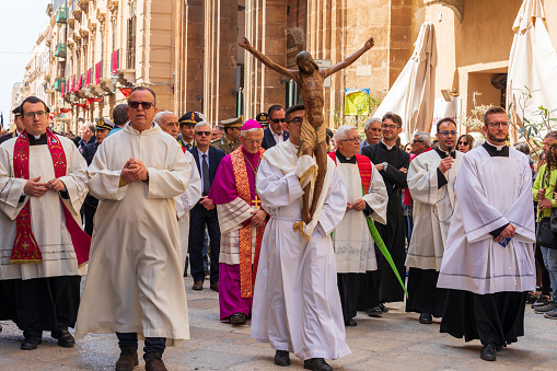 Italy, Sicily, Trapani Province, Trapani. April 19, 2019. The Processione dei Misteri di Trapani, performed for 300 years, celebrates Easter with parades throughout the week.