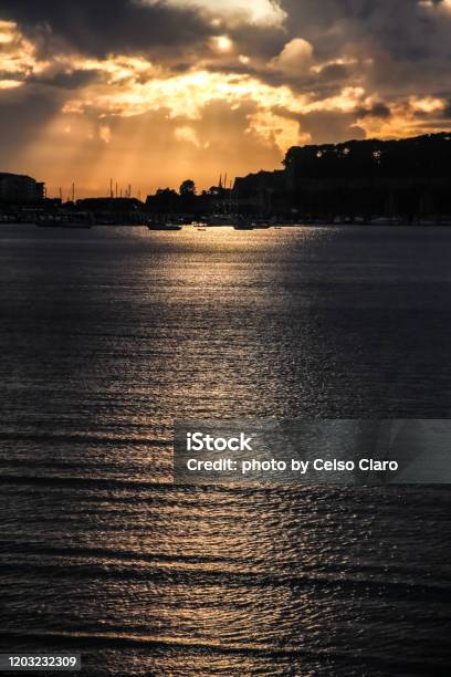 Sunset Over The Sea Stock Photo - Download Image Now - Bayona - Vigo, Above, Backgrounds