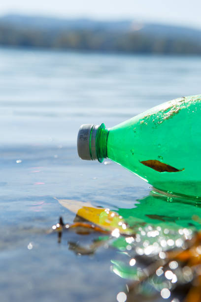 eine grüne plastikflasche schwimmt den fluss hinunter. der fluss ist stark verschmutzt und die flasche sollte recycelt werden. - garbage dump vertical outdoors nobody stock-fotos und bilder