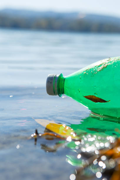zielona plastikowa butelka unosi się w dół rzeki. rzeka jest bardzo zanieczyszczona, a butelka powinna zostać poddana recyklingowi. - garbage dump vertical outdoors nobody zdjęcia i obrazy z banku zdjęć