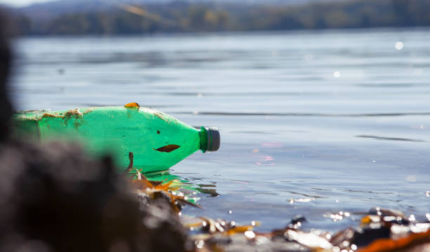 istock A green plastic bottle floats down the river. The river is very polluted and the bottle should be recycled. 1203235235