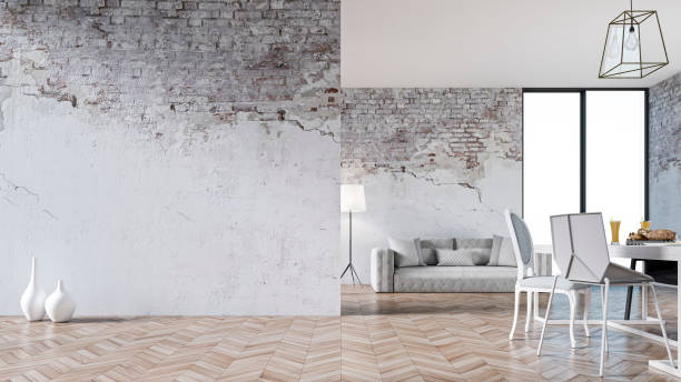 istock Empty living room with sofa, table and chairs - ruined wall 1203235314