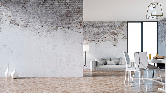 Empty living room with a white sofa on hardwood floor in front of white ruined brick wall and copy space. Windows in front of a table and chairs on the right, large white ruined brick empty wall on the left. Vintage effect applied. 3D rendered image.