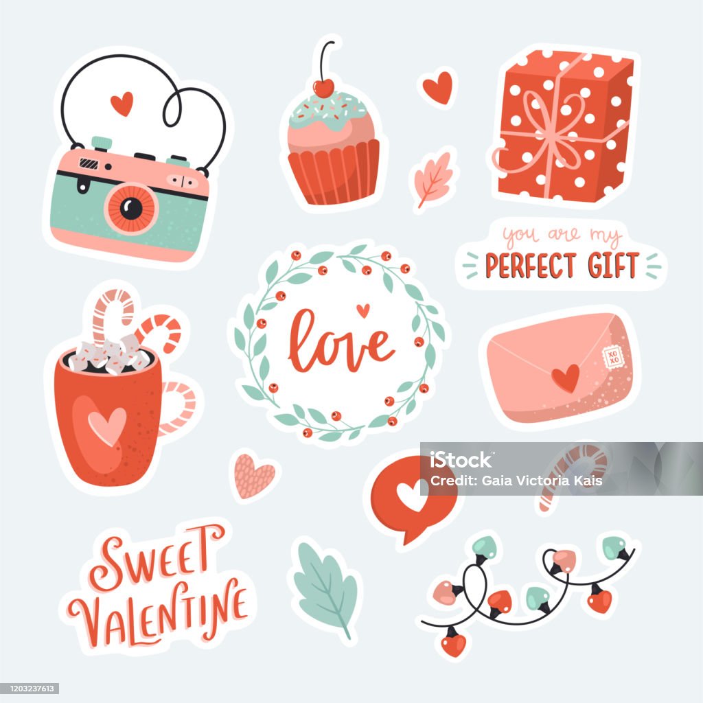 Cute Love Stickers With Valentines Day Elements And Romantic ...