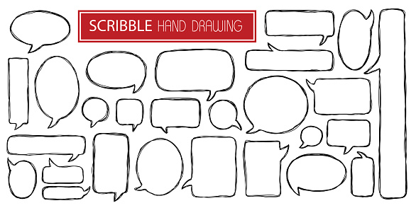 Set of different scribble hand drawn speech bubbles isolated on white background